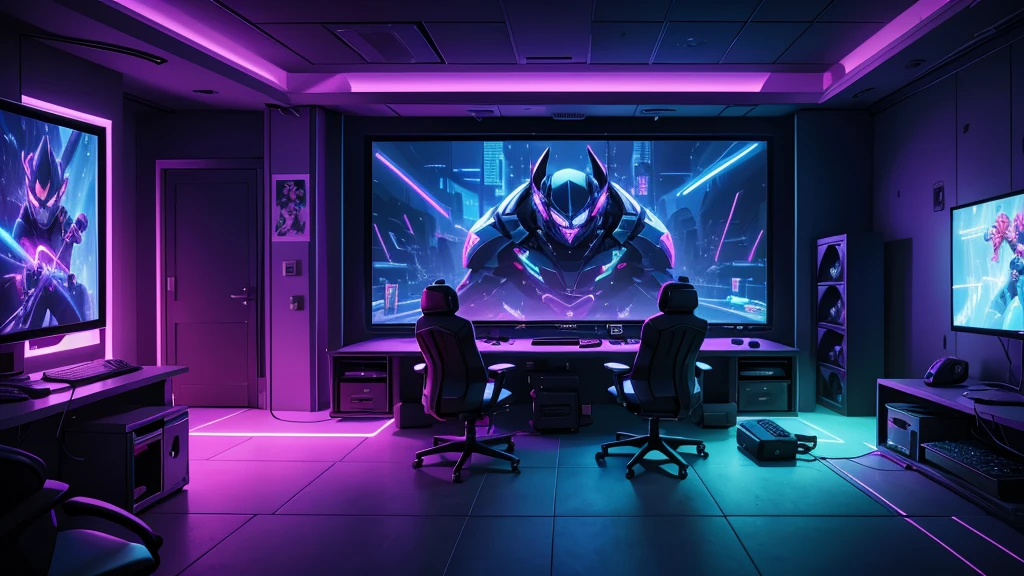 gaming room, neon lights, semi dark room , special effects, only screen and monitors, anime correctors photos in wall, realistic, ultra realistic, 4k image quality , best colour
