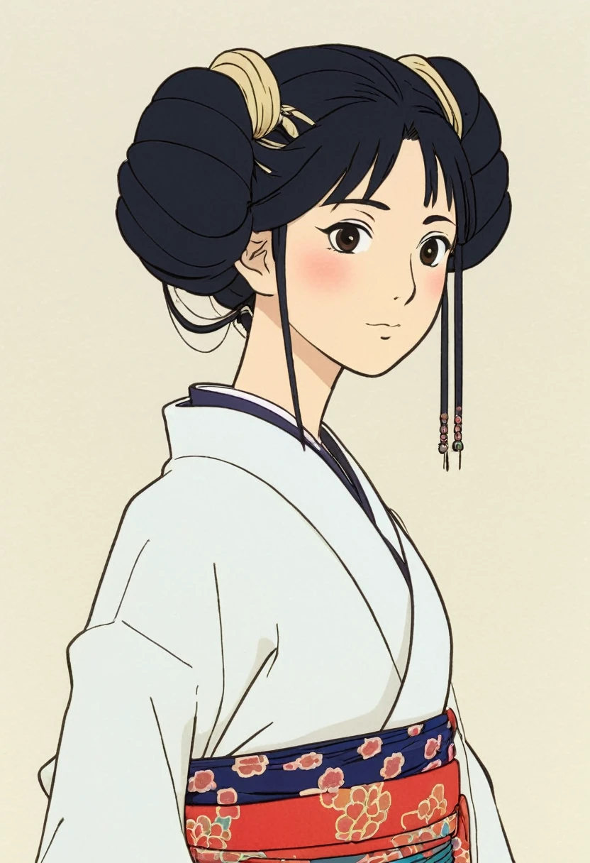 A Ghibli's studio character (2D). She have long black hair tied. She wears traditional dark oiran clothes . she seems cold