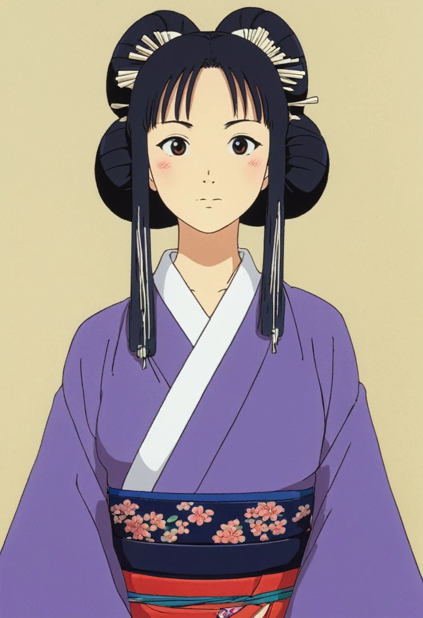 A Ghibli's studio character (2D). She have long black hair tied. She wears traditional dark oiran clothes . she seems cold