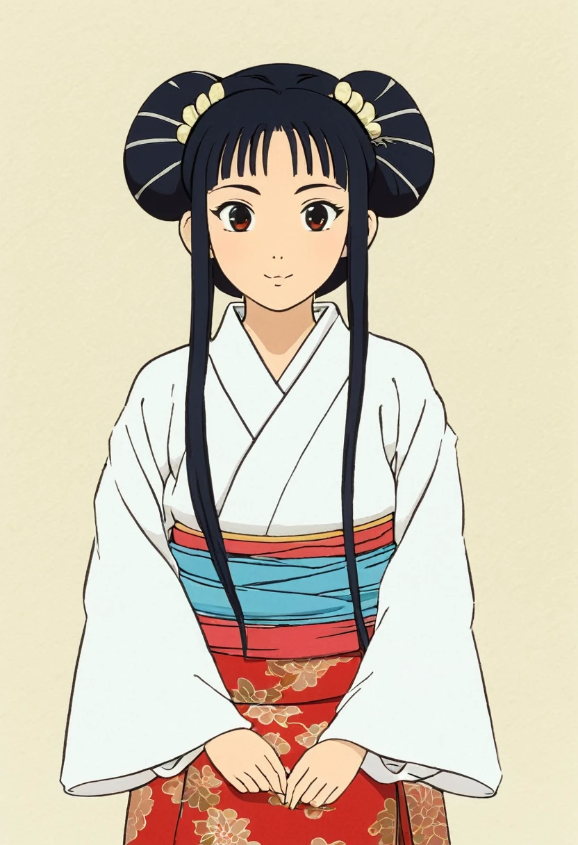 A Ghibli's studio character (2D). She have long black hair tied. She wears traditional dark oiran clothes . she seems cold