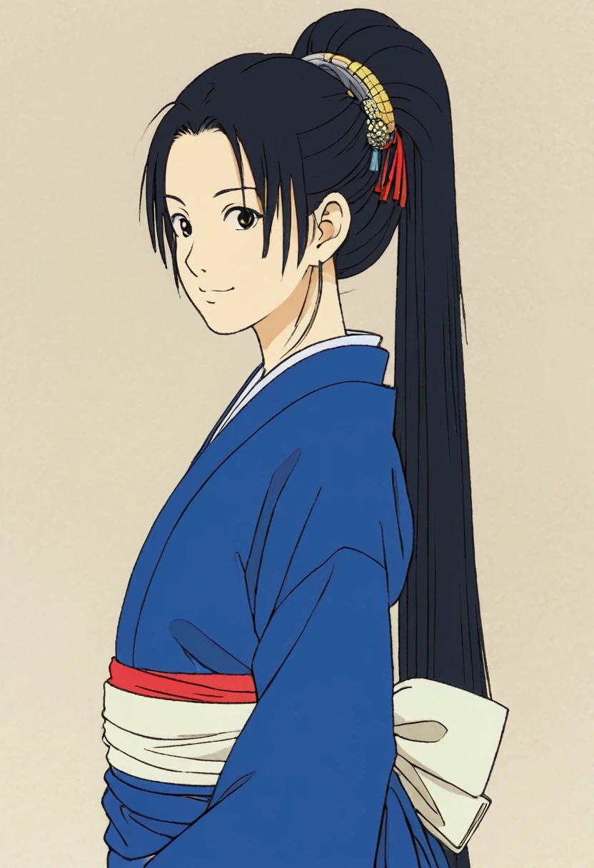 A Ghibli's studio character (2D). She have long black hair tied. She wears traditional dark oiran clothes . she seems cold