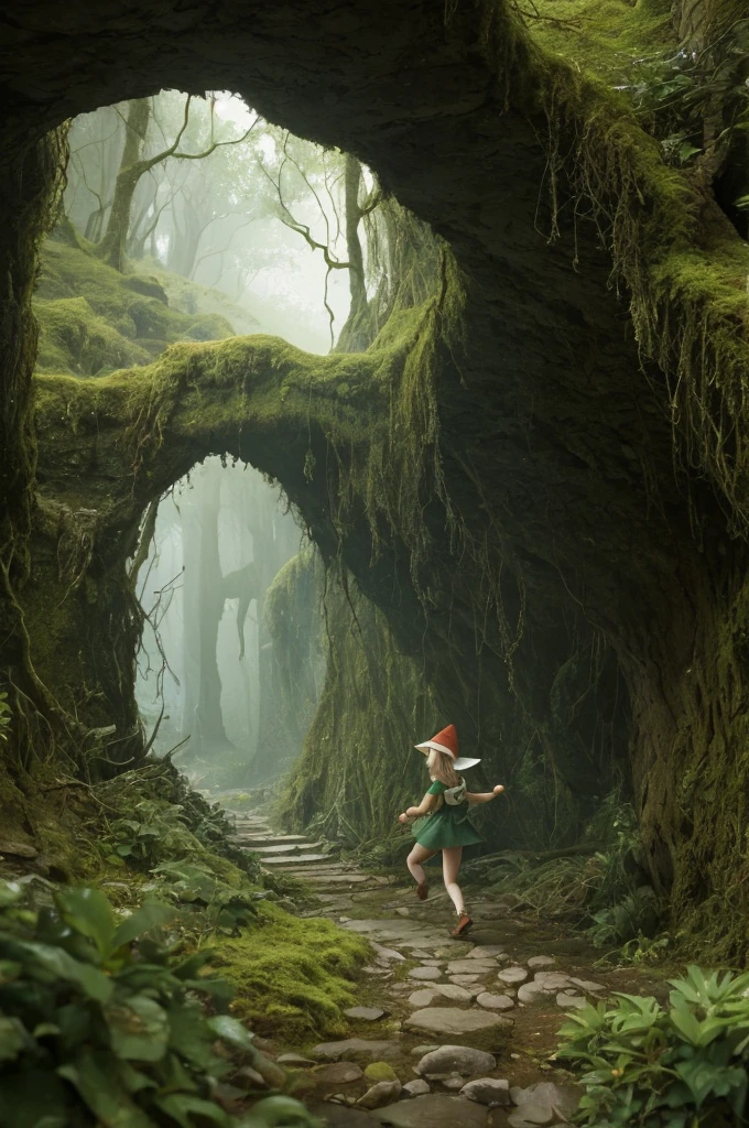 The elf starts running towards a mysterious and magical cave, with a mossy entrance and bright flowers