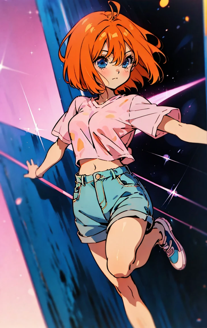 yotsuba Nakano, Official art、Beautifully Aesthetic:1.2)、patterns、Hair spreads throughout、4k, excellent quality, Ultra Detail, Soft Light, Deep Focus Bokeh, Ray Tracing, --niji 5. Nakano yotsuba from the quintessential quintuplets, yotsuba Nakano, short orange hair, blue eyes, nakano_yotsuba, , green ribbon,, splendid, iridescent, dynamic pose, moving, excellent character design, full body pose, full body, full body shot, perfect face, neat, clean, perfect definition aayotsuba, short hair,bangs,hair between eyes, (casual outfit), jeans shorts, crop top, sneakers, cute casual outfit