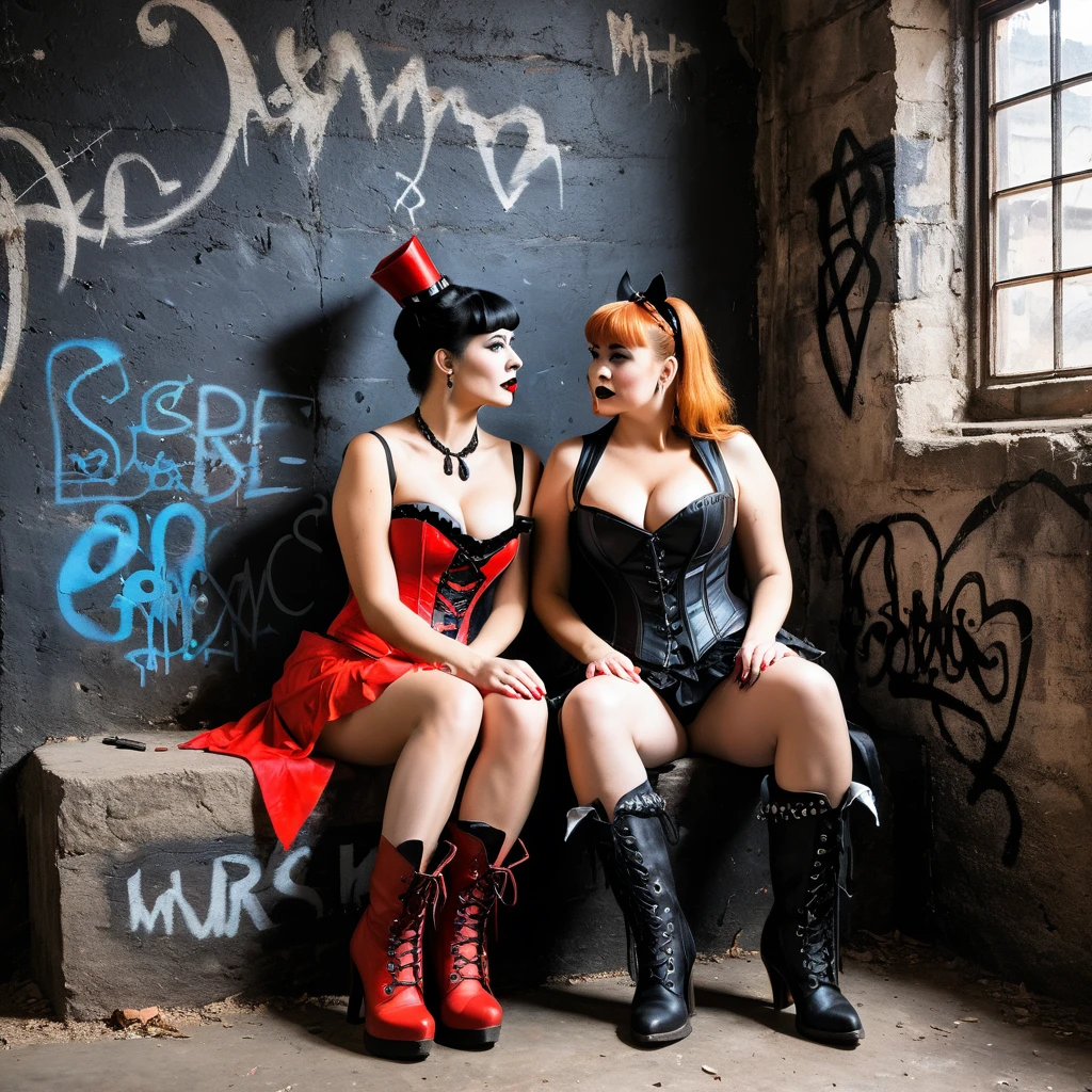 Fred Flintstone sitting next to a Wilma Flintstone in Gothic style with black lipstick and a corset, both wearing red gothic boots, against a dark, eerie wall with gothic graffiti