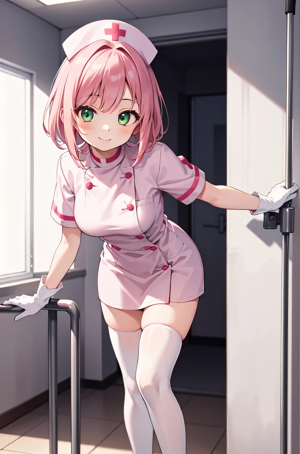 1girl, solo, nurse, white nurse cap, white nurse uniform, ((white legwear, zettai ryouiki)), white gloves, pink hair, green eyes, drooping eyes, smile, standing, ((hospital room)), sharp outline, short sleeves, best quality, masterpiece