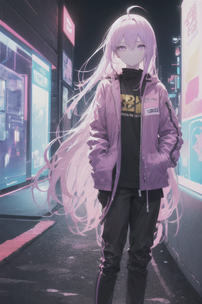((masterpiece)), (best quality), ((highres)), 4K, Detailed, (Ambient Light, Digital Art, Soft Lighting, extremely detailed 8K wallpaper:1.2), BREAK 1girl, solo, pale skin, violet eyes, violet hair, ahoge, (absurdly long hair:1.1), flat chest, cyberpunk scenery, jacket, pants, shirt, night, hand in pocket, looking at viewer, hair between eyes, expressionless, rtx, neon light