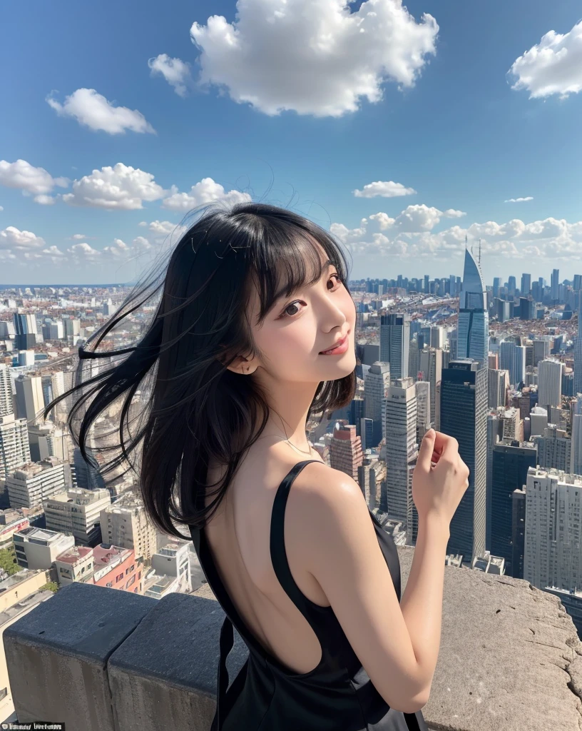 (Highest quality, 32k, High resolution, Masterpiece:1.5, ), marimo_jet, Overlooking the vast landscape, Evoking a sense of calm and elusive beauty, Expressing emotions, Have a rich imagination,Beautiful Japanese Girls, An exceptionally beautiful face, ((Photographed from behind at an angle:1.4)), Small Face Beauty, Perfect Human Anatomy, Magical big eyes, Motherhood and generosity, Deep Love, A profile of a fleeting smile, Shiny black hair, Super long straight silk hair swaying in the wind, Asymmetrical bangs, Hair between the eyes, Transparent, soft white skin, Sharp eyebrows, Thin lashes, Natural Makeup, Cheek highlighter, Pale pink detailed lips, ((Black dress:1.3)), Slim figure with ample breasts, High resolutionの美しい太もも, ((Standing on a ledge, gazing out at the vast metropolis:1.6)), ((Detailed blue sky and clouds in summer:1.2)), ((Gazing at the distant horizon:1.3)), Professional Lighting, Professional photographer, Professional models, mysterious