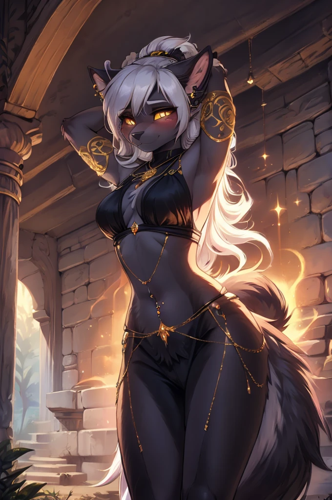 ((best quality, masterpiece, perfect anatomy, detailed picture)), furry, 1female, chacal, black body, grey fur, sexy, long white hair, ponytail hair, fluffy feline tail, yellow sclera, tribal tattoo, ear rings, red blushing, shy, in the ruins, portrait, illustration, golden necklage add_detail:1 ,golden bracelet add_detail:1, golden navel piercing add_detail:1,espalda a espalda 2 chicas add_detail, egiptian princess add_detail:1, egiptian clothes add_detail 