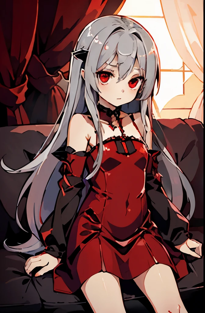 full body, little, lady with silver and gradually red long hair, red eyes, expensive red dress, scary, vampire, on couch