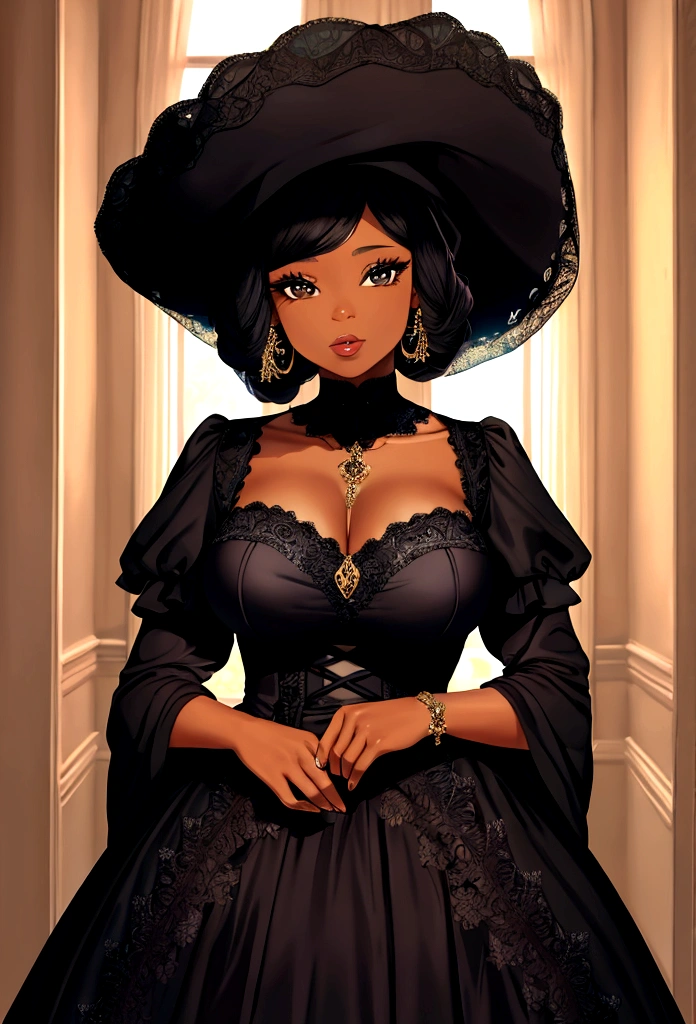 Raise an adult black woman, wearing dress, detailded
