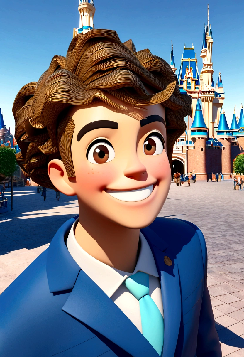 Illustration of smiling 20 year old man, Light-skinned young man with a smile and in a blue suit, smiling happily at the camera, cheeky smile, smiling young man, drawing in 3D Art style, C4D, city background, Disney style, pixar style render illustration Super Detail, 8K
