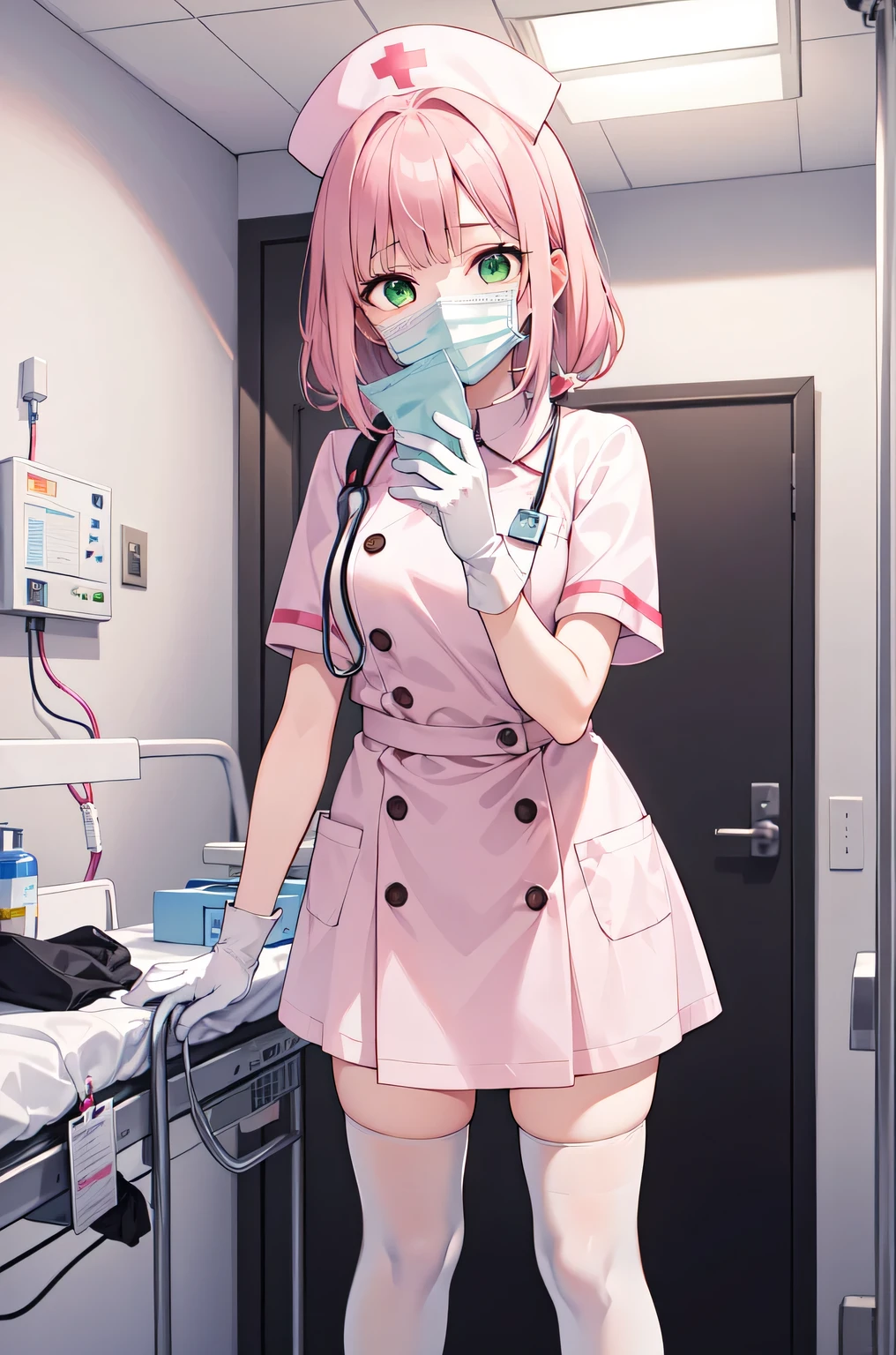 1girl, solo, nurse, white nurse cap, white nurse uniform, ((white legwear, zettai ryouiki)), white gloves, pink hair, green eyes, drooping eyes, ((white surgical mask, covered nose)), standing, ((hospital room)), sharp outline, short sleeves, best quality, masterpiece