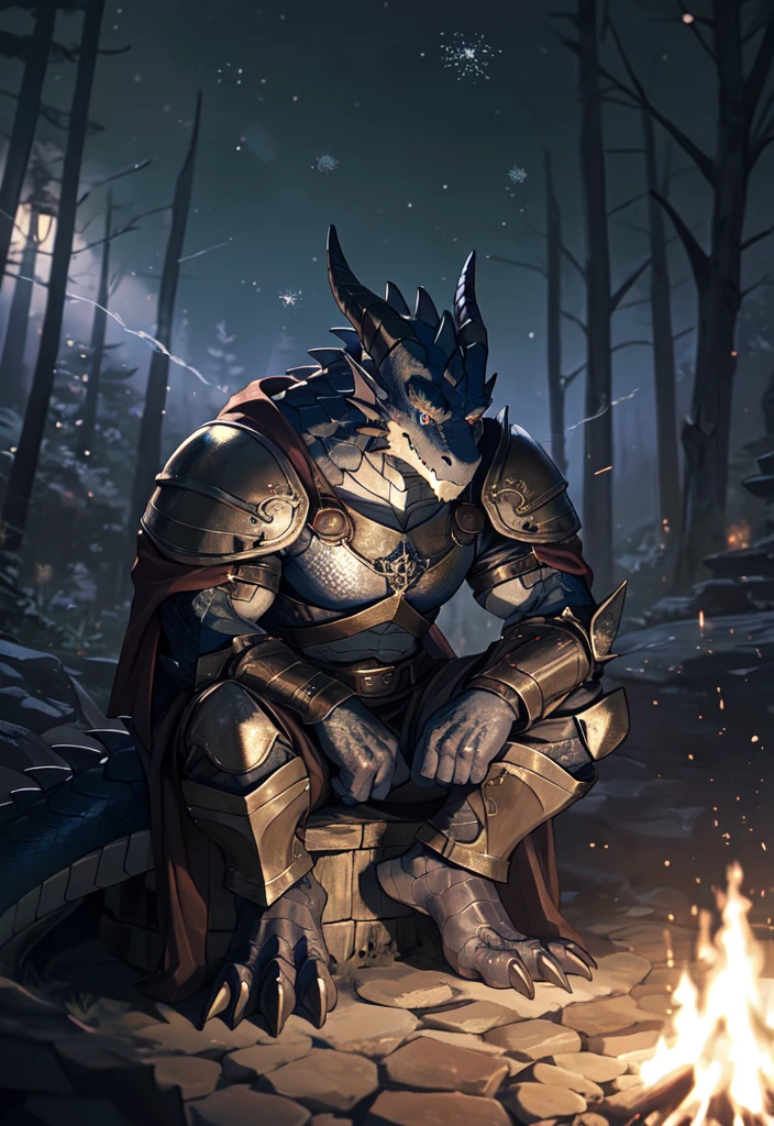 solo, kemono, (dragon), anthro, male, ((black body)), scales, tail, muscles, handsome, armor, medieval, fantasy, outdoors, outside, dark, night, forest, campfire, camp, stars, sitting, toe claws, epic, depth of field, perfect lighting, (light particles),(best quality),(masterpiece),(ultra detailed),sharp focus,light particles