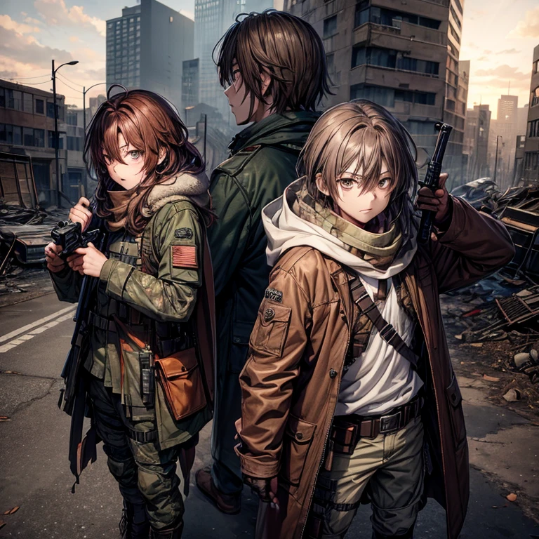 issei_hyoudou, brown hair, brown eyes, hair between eyes,ragged cape,scarf mouth mask,hooded,full body,(background), post apocalypse zombie,city ruins,military vest,white shirt,camouflage military pants,holding weapon