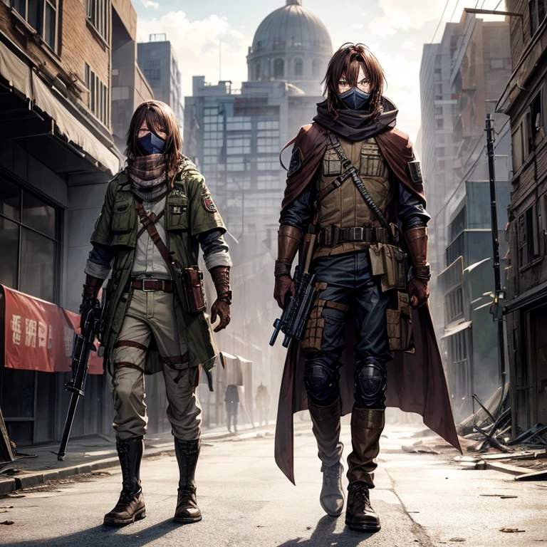 issei_hyoudou, brown hair, brown eyes, hair between eyes,ragged cape,scarf mouth mask,hooded,full body,(background), post apocalypse zombie,city ruins,military vest,white shirt,camouflage military pants,holding weapon