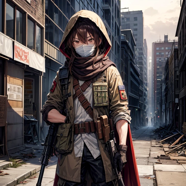 issei_hyoudou, brown hair, brown eyes, hair between eyes,ragged cape,scarf mouth mask,hooded,full body,(background), post apocalypse zombie,city ruins,military vest,white shirt,camouflage military pants,holding weapon