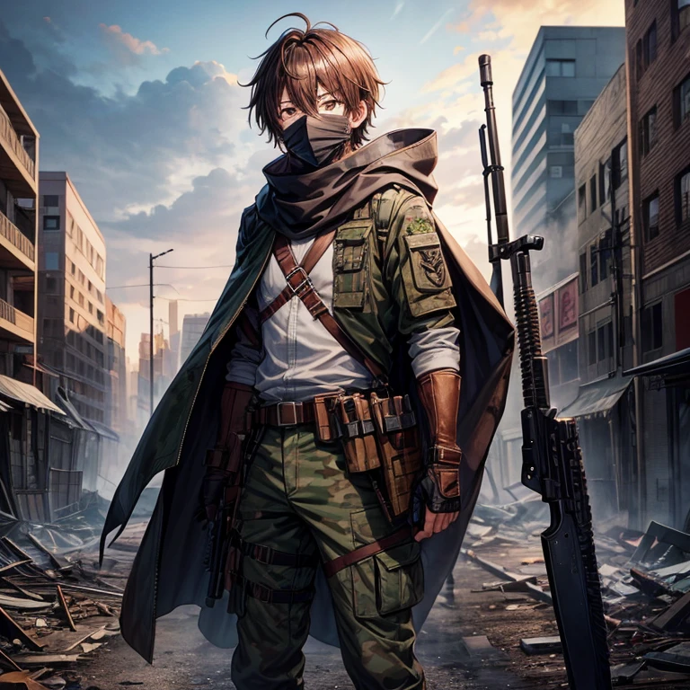 issei_hyoudou, brown hair, brown eyes, hair between eyes,ragged cape,scarf mouth mask,hooded,full body,(background), post apocalypse zombie,city ruins,military vest,white shirt,camouflage military pants,holding weapon