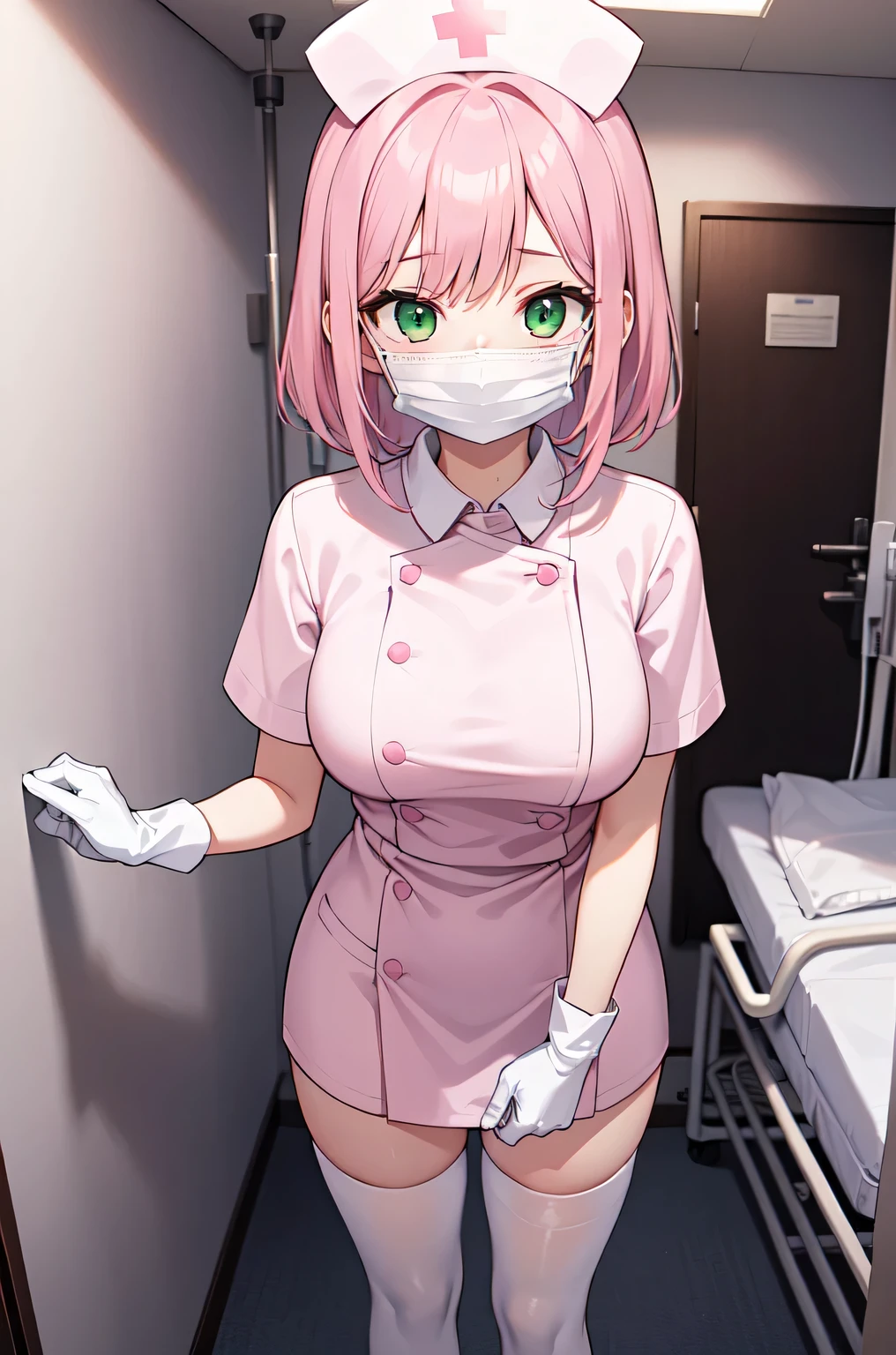 1girl, solo, nurse, white nurse cap, white nurse uniform, ((white legwear, zettai ryouiki)), white gloves, pink hair, green eyes, drooping eyes, ((white surgical mask, covered nose)), standing, ((hospital room)), sharp outline, short sleeves, best quality, masterpiece