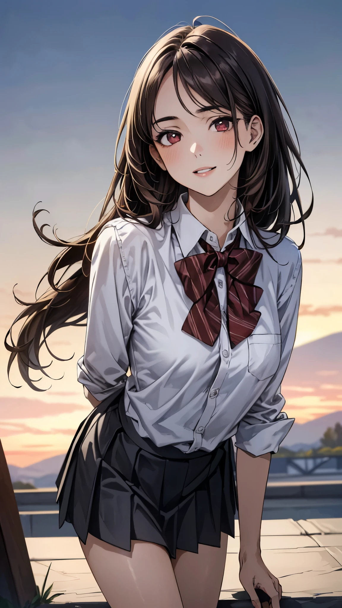 ((Tabletop, Highest quality, High resolution, Hmph, Pixel Perfect, 4K, Hmph, Hmph))), One Girl, single, alone, beauty、The whole body is visible、 ((Mid-wave hair, bangs, Brown Hair)), ((Brown eyes, Beautiful eyelashes, Realistic eyes)), ((Detailed face, Blushing:1.2)), ((Smooth texture:0.75, Realistic texture:0.65, Realistic:1.1, Anime CG Style)), Medium Chest, Dynamic Angle, Perfect body, ((Red bow tie, , , White shirt, Black plaid skirt)), classroom、Looking up from below、Very embarrassing panic smile, 、、(The wind flipped up her skirt, Exposing your buttocks....................、Flip up your skirt with both hands、Her white and pink floral lace panties are completely visible)、