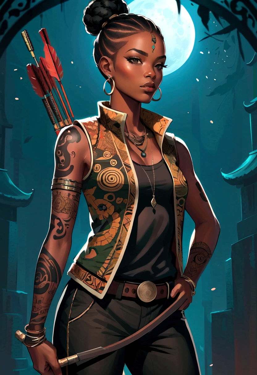 Anime style, African Archer Girl, Wearing an African vest jacket, Black pants, In a dark environment with high contrast. Multiple tattoos on arms