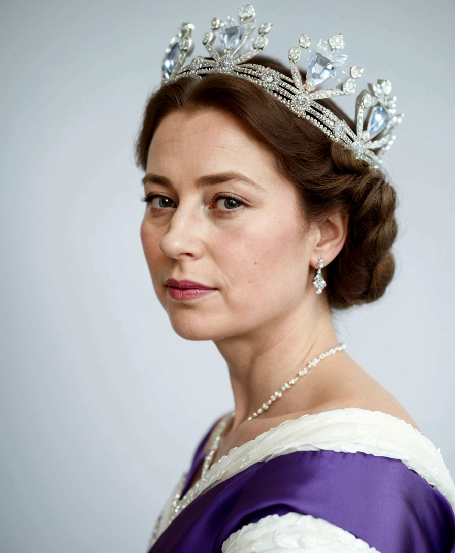 arafed woman wearing a tiara and a purple dress, portrait of queen elizabeth ii, queen elizabeth ii, portrait of queen, queen of england, queen elizabeth, royal portrait, portrait of a queen, wearing a diamond crown, queen chess piece photo portrait, official photo portrait, royal elegant pose, beautiful queen, october, portrait of princess, portrait of royal princess