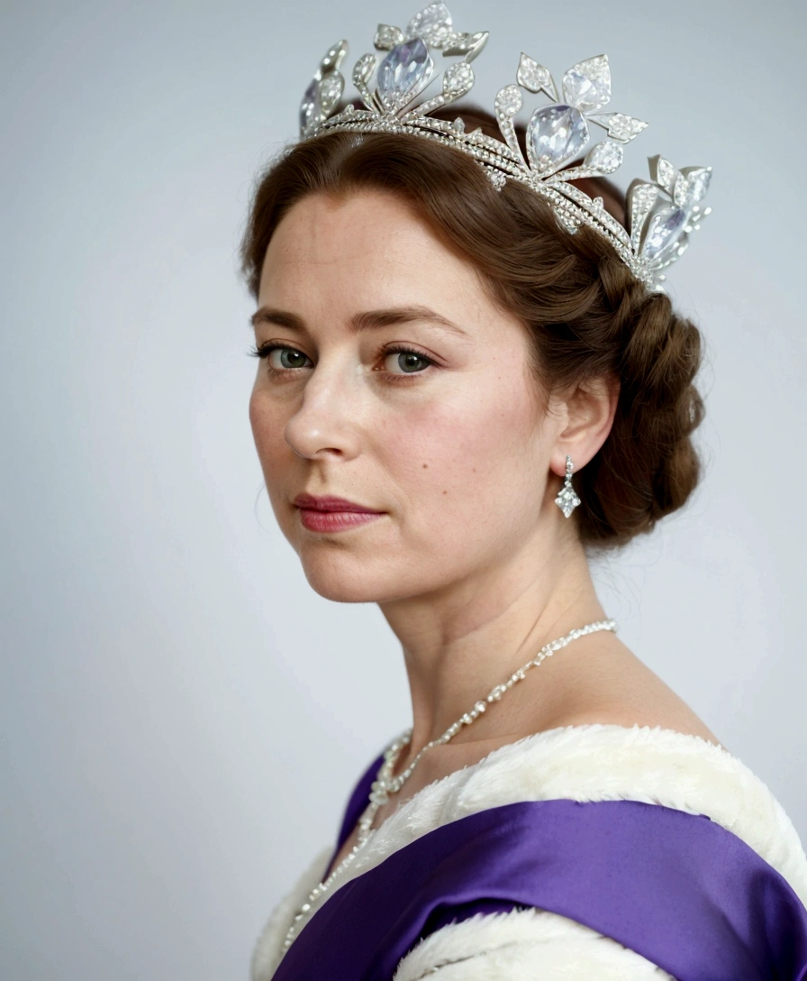 arafed woman wearing a tiara and a purple dress, portrait of queen elizabeth ii, queen elizabeth ii, portrait of queen, queen of england, queen elizabeth, royal portrait, portrait of a queen, wearing a diamond crown, queen chess piece photo portrait, official photo portrait, royal elegant pose, beautiful queen, october, portrait of princess, portrait of royal princess