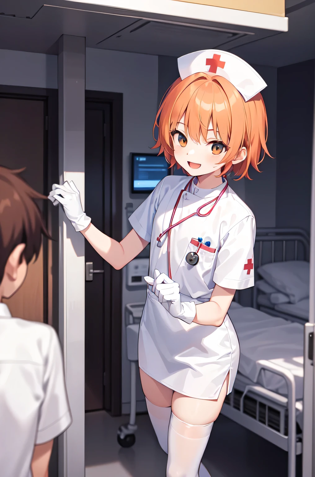 1boy, solo, male focus, nurse, white nurse cap, white nurse uniform, ((white legwear, zettai ryouiki)), white gloves, short hair, orange hair, smile, open mouth, standing, ((hospital room)), sharp outline, short sleeves, shota, 12 years old, best quality, masterpiece