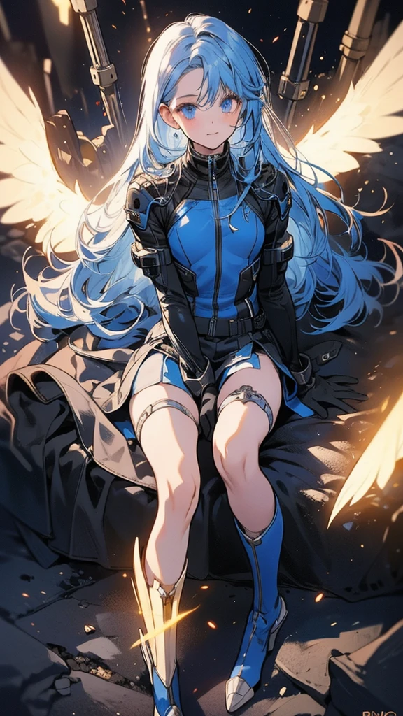 beautiful detailed girl with long blue hair in a short pilot suit, small breasts, glowing blue eyes, slim body, full body shot, detailed face, mechanical exoskeleton, mini skirt, white panties, high heels boots, heroine pose lying on back with legs spread, long gloves, high quality, 8k, hyper detailed, photorealistic, masterpiece, intricate details, cinematic lighting, sci-fi, concept art