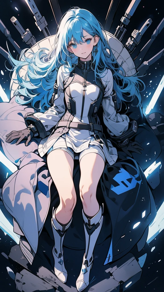 beautiful detailed girl with long blue hair in a short pilot suit, small breasts, glowing blue eyes, slim body, full body shot, detailed face, mechanical exoskeleton, mini skirt, white panties, high heels boots, heroine pose lying on back with legs spread, long gloves, high quality, 8k, hyper detailed, photorealistic, masterpiece, intricate details, cinematic lighting, sci-fi, concept art
