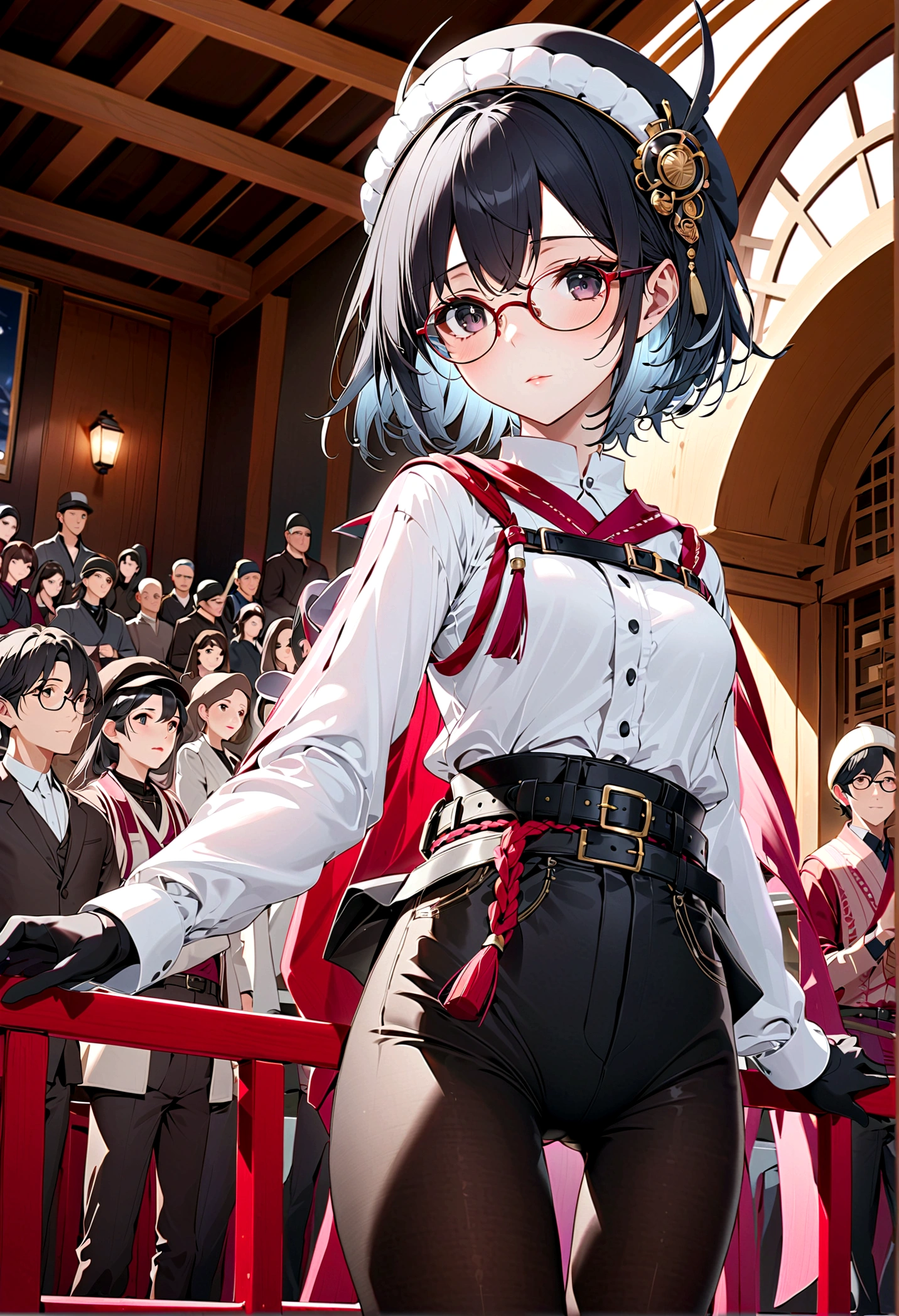 masterpiece, High quality CG, Japanese cartoons, illustration, best quality, 1 Girl, boundary, , Pretty Face, Delicate face, Cowboy shooting, Doka Ebi, 1 Girl, Solitary, Looking at the audience,  Black Hair, Weaving, Glasses, Black gloves, belt, Pants, black eyes, twin Weavings, Striped hair, Black headdress, Tights, black Pants, 圆形Glasses, black Tights, Beanie, hair behind ear, 