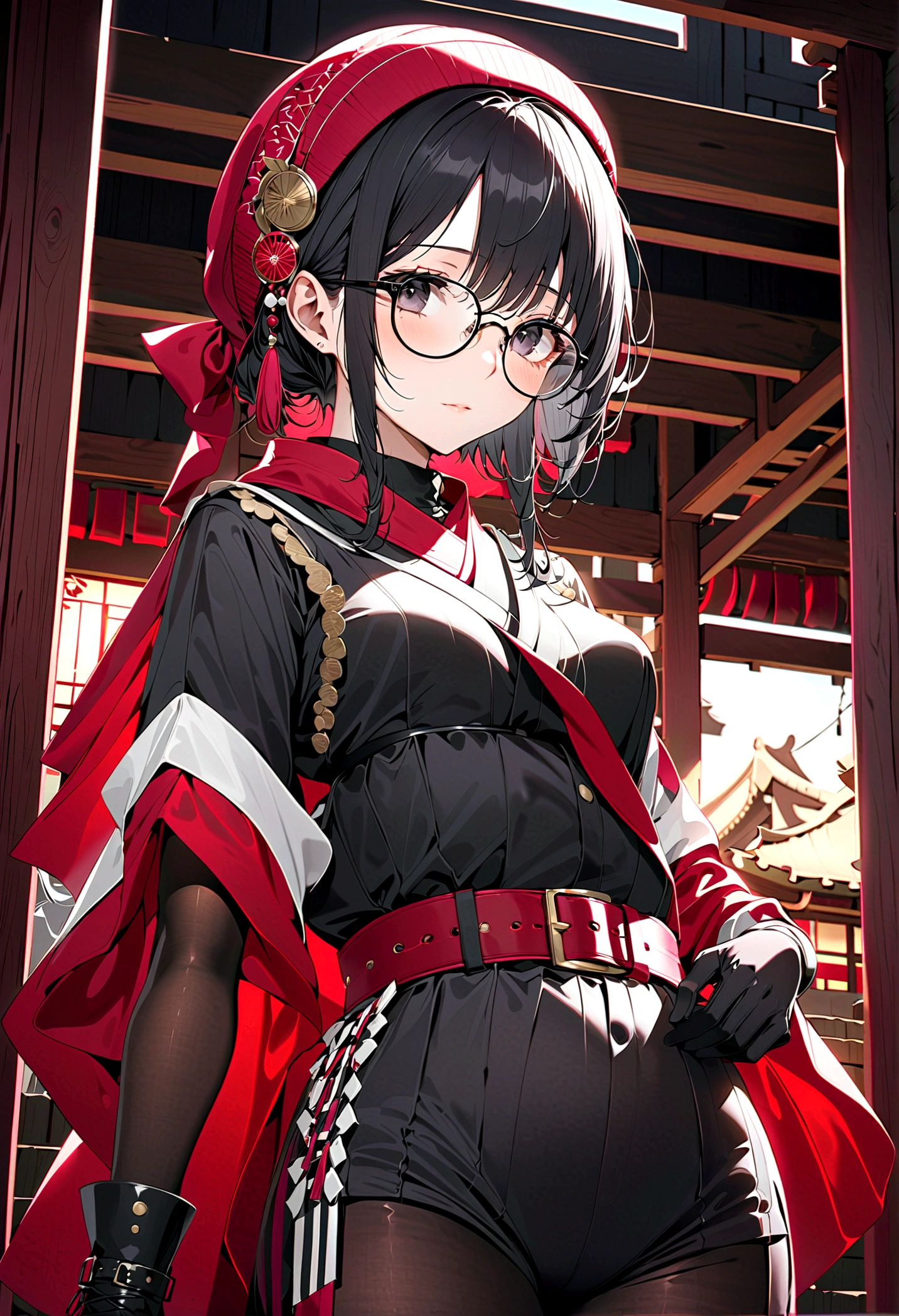 masterpiece, High quality CG, Japanese cartoons, illustration, best quality, 1 Girl, boundary, , Pretty Face, Delicate face, Cowboy shooting, Doka Ebi, 1 Girl, Solitary, Looking at the audience,  Black Hair, Weaving, Glasses, Black gloves, belt, Pants, black eyes, twin Weavings, Striped hair, Black headdress, Tights, black Pants, 圆形Glasses, black Tights, Beanie, hair behind ear, 