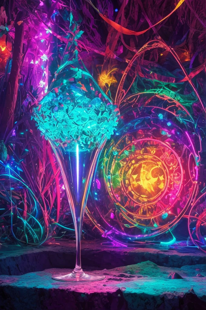 A magical chalice glowing with colorful, inviting lights, placed on a stone inside a mystical grotto, 70s psychedelic, neon synthwave
