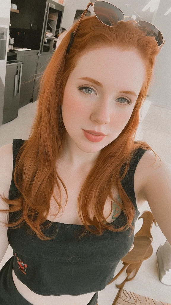there is a woman with red hair and sunglasses taking a selfie, with pale skin, amouranth, with red hair, pale fair skin!!, she has red hair, with curly red hair, better known as amouranth, red haired goddess, smooth pale skin, a redheaded young woman, cute young redhead girl
