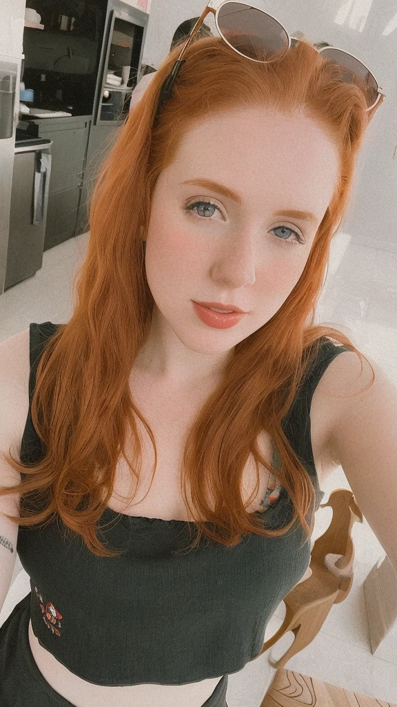 Redhead woman looking up.