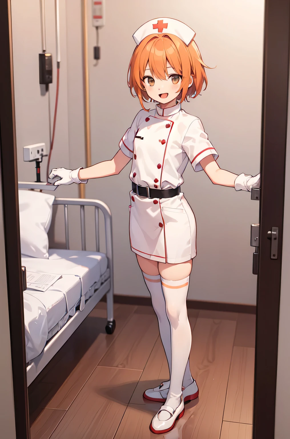 1boy, solo, male focus, nurse, white nurse cap, white nurse uniform, ((white legwear, zettai ryouiki)), white gloves, short hair, orange hair, smile, open mouth, standing, ((hospital room)), sharp outline, short sleeves, shota, , best quality, masterpiece