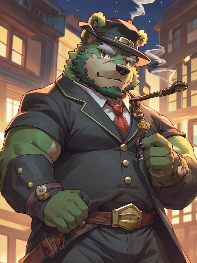 bara, furry, furry_male,male focus, solo, muscular male, (((green bear))), (((green fur))), green hair, red eyes, beard, white eyebrows, (((detective outfit, detective costume))), smoking pipe, detective hat,