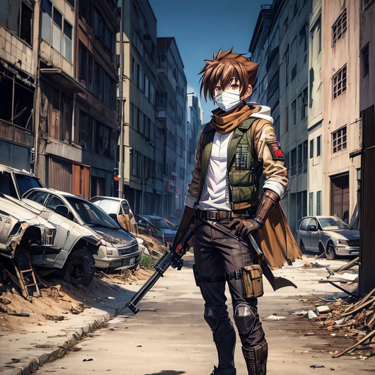 issei_hyoudou, brown hair, brown eyes, hair between eyes,ragged cape,scarf mouth mask,hooded,full body,(background), post apocalypse zombie,city ruins,military vest,white shirt,camouflage military pants,holding weapon