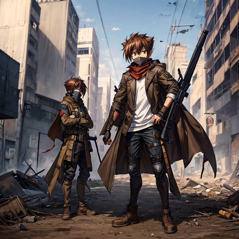 issei_hyoudou, brown hair, brown eyes, hair between eyes,ragged cape,scarf mouth mask,hooded,full body,(background), post apocalypse zombie,city ruins,military vest,white shirt,camouflage military pants,holding weapon