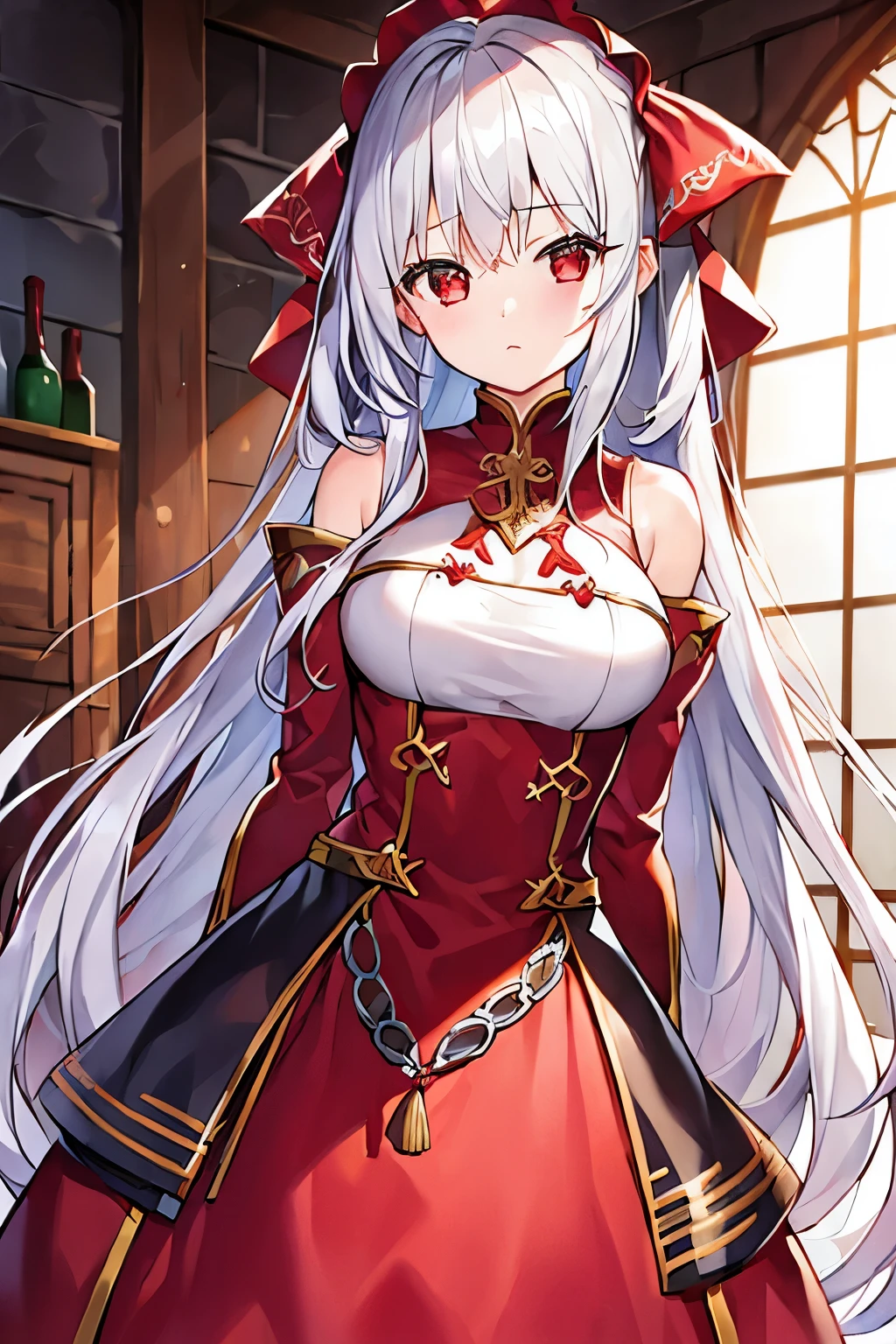 1 girl、Long silver hair、Red Eyes、((Red clothes、Medieval European fantasy))、Charm、Chest a little big、Expose、Fan