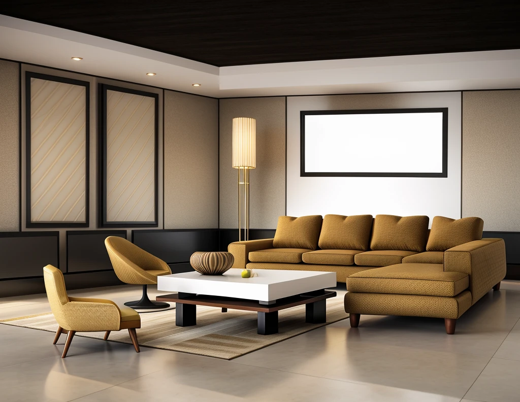 Living room design in Indochina style, daylight, ceramic tile floor, gray wall with window, 1 sofa set, 1 table, 1 velvet carpet, white painted ceiling, 1 wall painting, 1 pillar lamp, 2 chairs menu, sharp images, realistic lighting, luxurious feel, extremely detailed