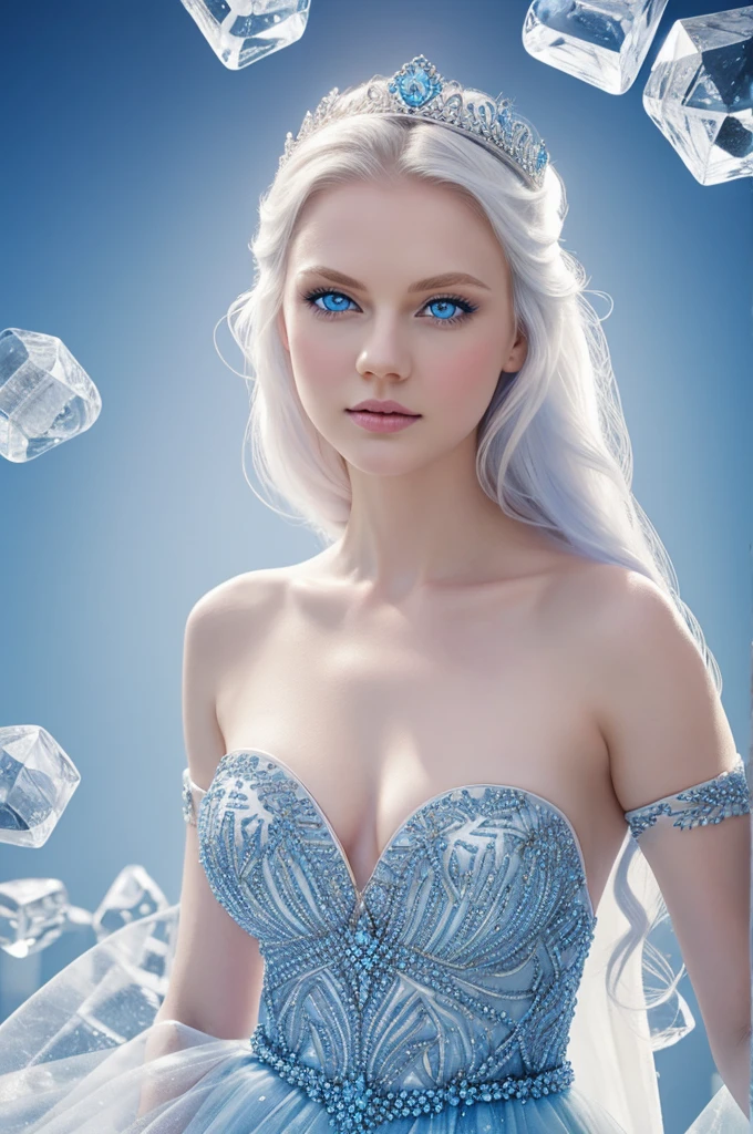cheered up, young woman, Alone, wide, ((by white)), ((Blue eyes)), model, beautiful, medium breasts, Half-length portrait, Fancy, ice background, long dress, no neckline, Ice queen.