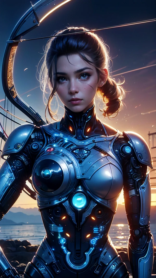 top quality, future world, State-of-the-art robot, Beautiful Woman archer shooting arrow by bow, flying hair, (Transformed into a cyborg except for the face), sexy images, whole body photo, (((archer, bow, shooting arrow)))