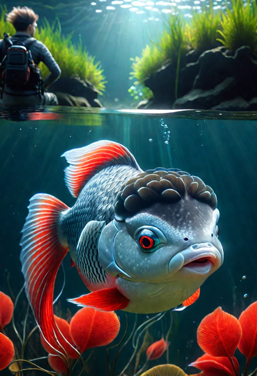 Panorama，There is a red fish in the water，Has a human-like face，Mysterious Creatures, shrike, (best quality，4K，8K，High level，masterpiece：1.2），Ultra Detailed，（lifelike，Photo real，Photo real：1.37），Highly detailed animals，Complex patterns，Realistic lighting，Fantasy Creatures
