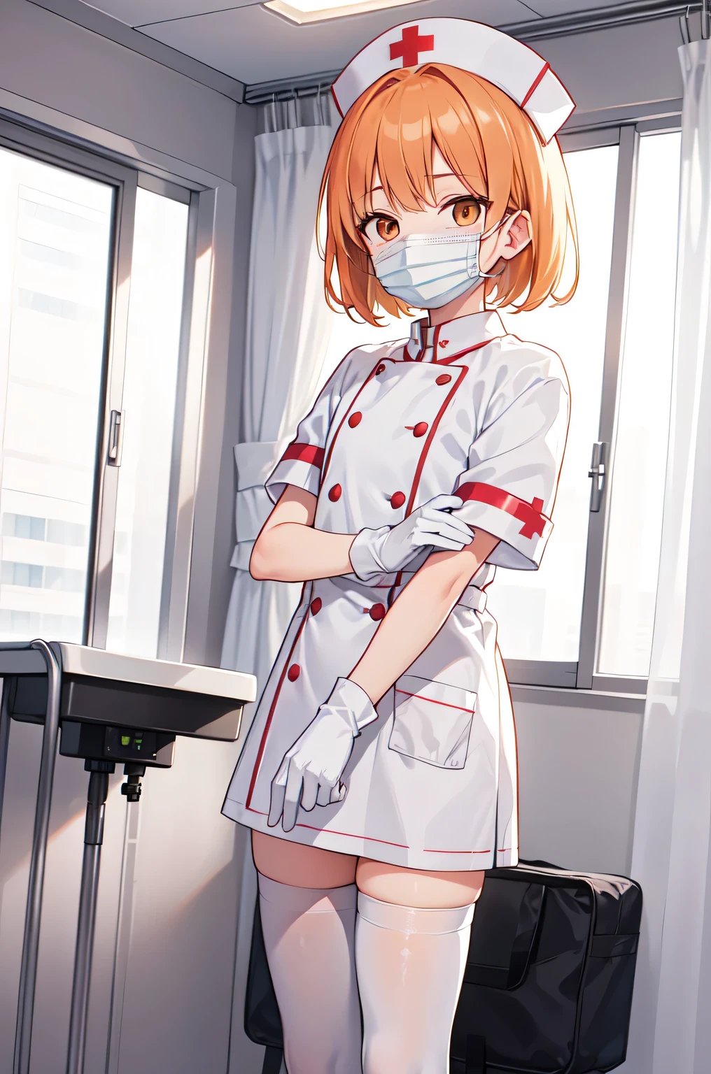 1boy, solo, male focus, nurse, white nurse cap, white nurse uniform, ((white legwear, zettai ryouiki)), white gloves, short hair, orange hair, ((white surgical mask, covered nose)), standing, ((hospital room)), sharp outline, short sleeves, shota, 12 years old, best quality, masterpiece