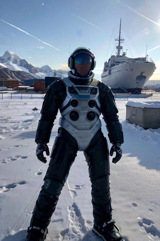 A humanoid robot is next to astronaut Pedro. View outside the ship on the ground with snow, in the background frozen mountains without vegetation, right planet.