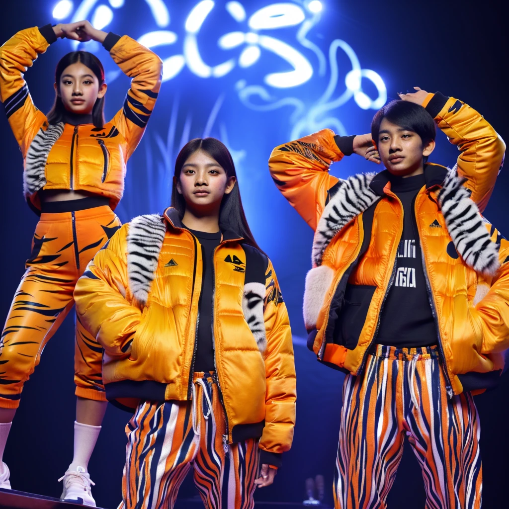 Malaysian Sports athletes wearing Sukajan jacket with ((Malayan tiger motives and tiger stripes)) inspired by tatoo artist Miyazo , harmony blending / combination of ((white , red, yellow , blue, orange and black)) colour , for an Olympic kit launching event in a futuristic stadium with malayan bengal tiger for special appearance