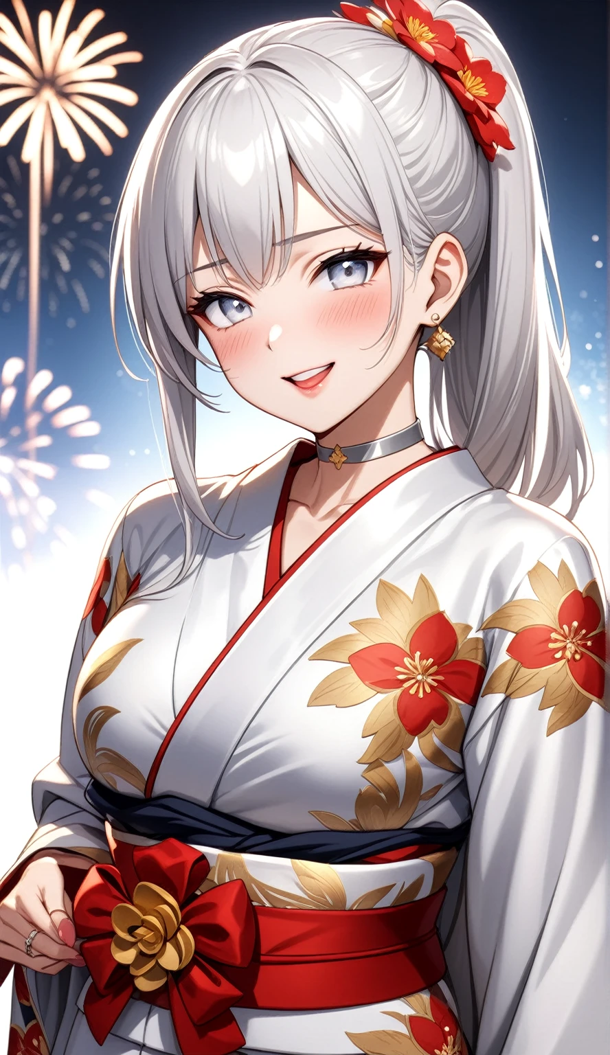 ((One personの女性)), Beautiful Face, Laughing embarrassedly, (laugh:1.2),((Wink:1.9)), (head tilt:1.3), Laugh with your mouth wide open, upper teeth, looking down at viewer,((undressing kimono:2.4)), (((full-face blush:1.6)),Glossy Red Lips,rooftop, firework, Glossy red lips, Shining Face, ((Anime style background)),masterpiece, Highest quality, so beautiful,up to date, Complex details, (Pink long nails),(ring),(bracelet),(Floral choker),AI-generated, Complex,High resolution, Highest quality, super high quality,3D Images、3D Images, One person, Long white hair, High Ponytail, Anime woman posing for a photo, (blue eyes), ((Fine grain、Silvery white, lightly pigmented eyes、Shining Eyes:1.4)), (Squint your eyes:1.1),a hyperRealistic , hyperRealistic , Realistic,Anime woman with long white hair, Smooth anime CG art, A woman in a colorful kimono with gold embroidery, ((Black long sleeve kimono)),Red floral pattern,Long flower hair ornament,Earrings,Mature Body,(Big Breasts:1.1),Tall,Abdominal muscles,Tight waist,(Zoom up to face:1.1), (front view),