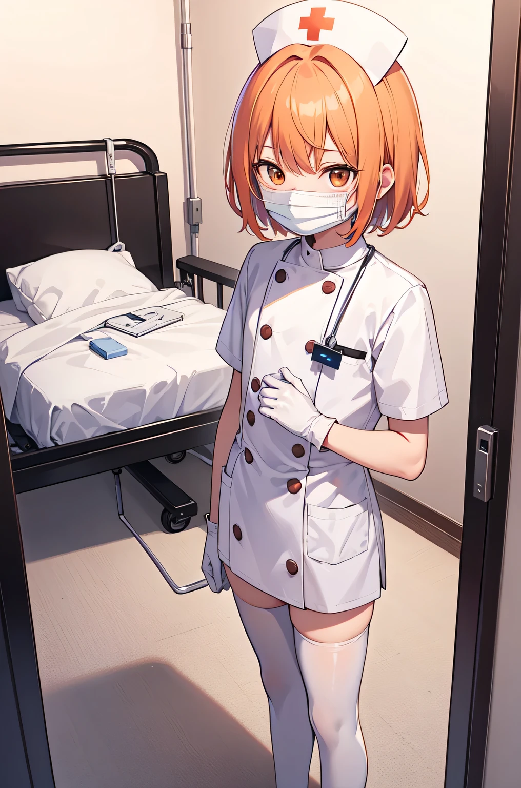 1boy, solo, male focus, nurse, white nurse cap, white nurse uniform, ((white legwear, zettai ryouiki)), white gloves, short hair, orange hair, ((white surgical mask, covered nose)), standing, ((hospital room)), sharp outline, short sleeves, shota, , best quality, masterpiece