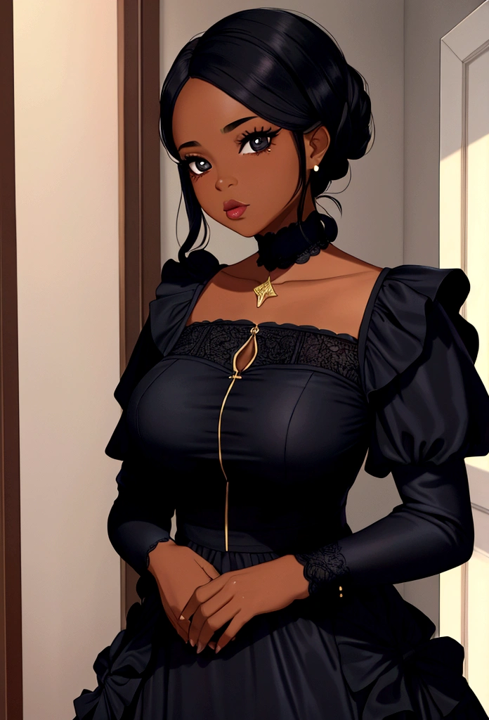 Raise an adult black woman, wearing dress, detailded, place is in your home, series 