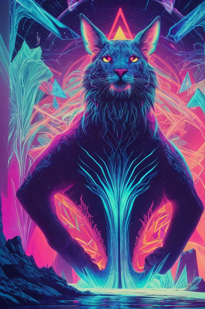 Surreal hallucinations of mystical animals, dreamlike landscapes, and floating geometric shapes, all glowing with neon lights, 70s psychedelic, synthwave aesthetic